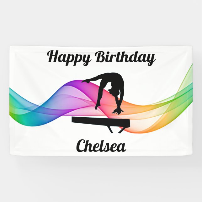 Gymnastics Beam "Happy Birthday" Colourful Swirl Banner (Horizontal)