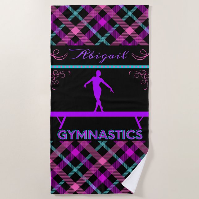 Gymnastics Beam Pink Purple Teal Tartan  Beach Towel (Front)