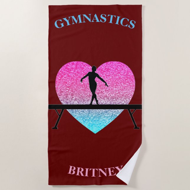 Gymnastics Beam Sparkle Heart Burgundy Beach Towel (Front)