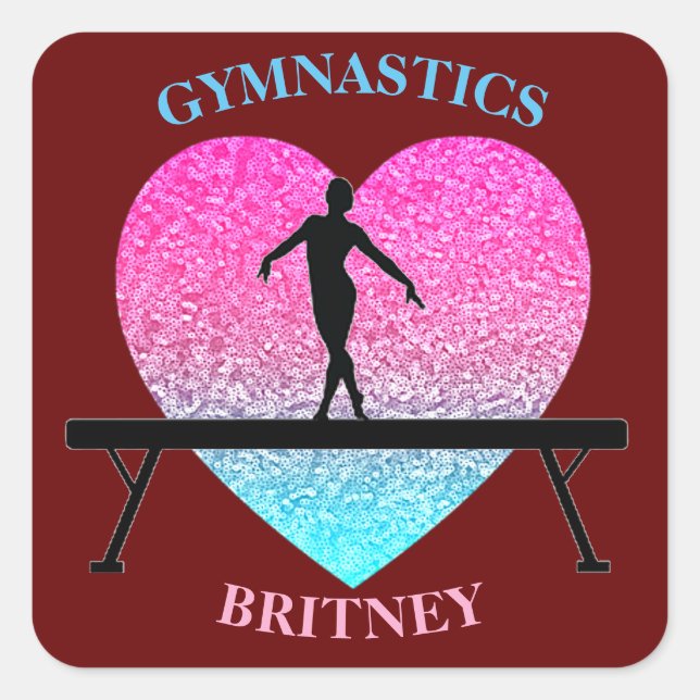 Gymnastics Beam Sparkle Heart Burgundy Square Sticker (Front)