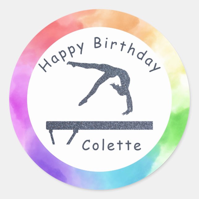 Gymnastics Birthday Balance Beam Watercolor Splash Classic Round Sticker (Front)