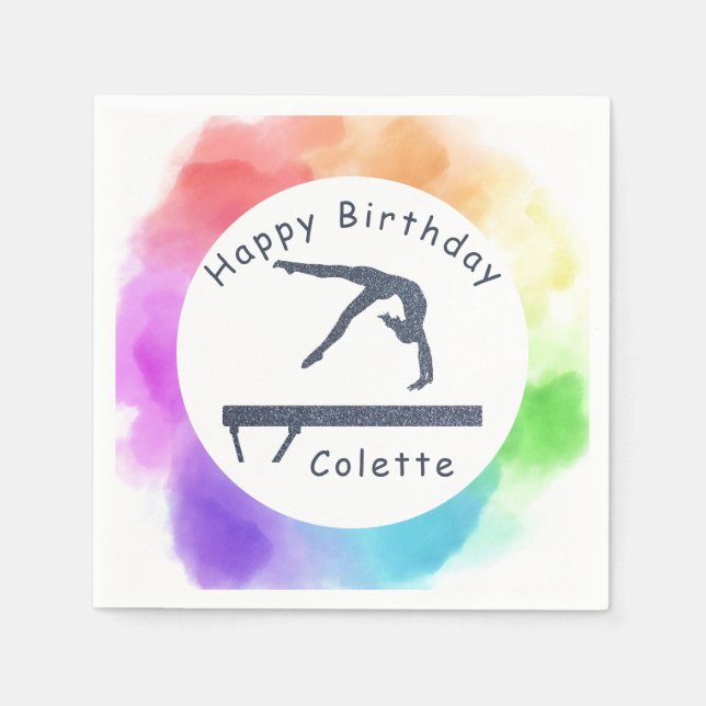 Gymnastics Birthday Balance Beam Watercolor Splash Napkin (Front)