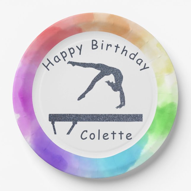 Gymnastics Birthday Balance Beam Watercolor Splash Paper Plate (Front)