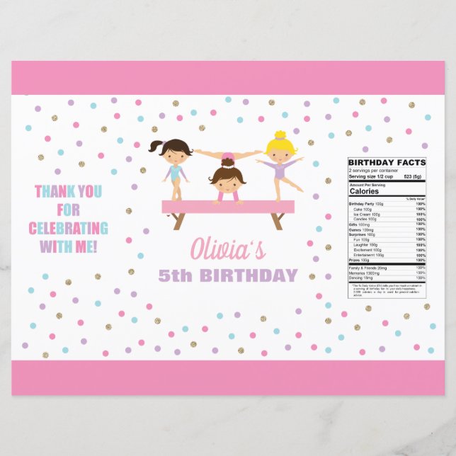 Gymnastics birthday chip bag wrapper (Front)