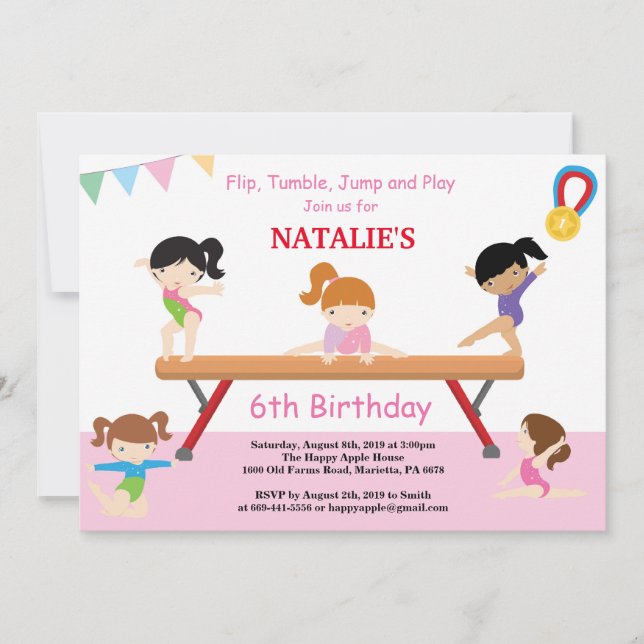 Gymnastics Birthday Invitation Pink Gym Party (Front)