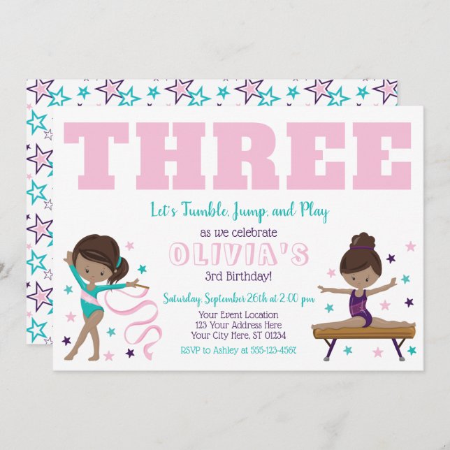 Gymnastics Birthday Invitation with Envelopes (Front/Back)