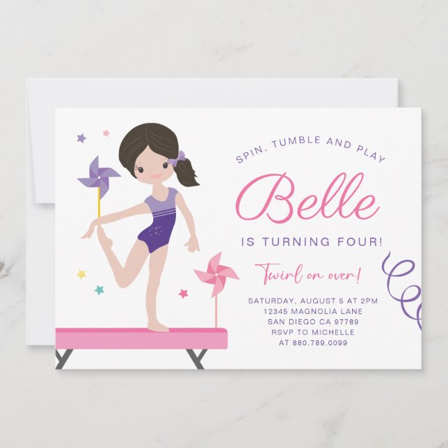 Gymnastics Birthday Invitation with Pinwheels (Front)