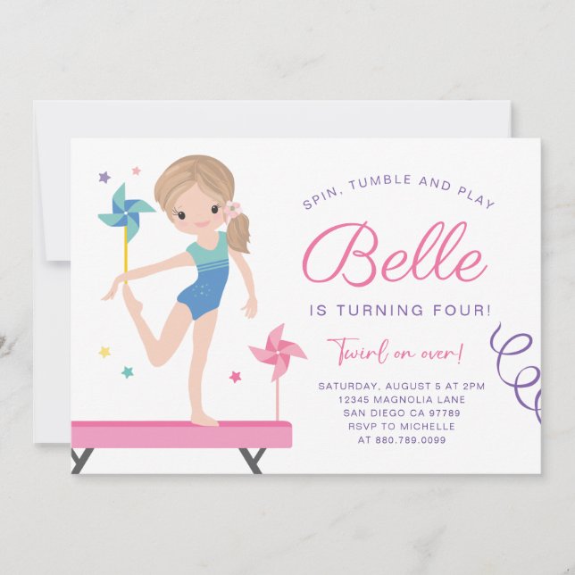 Gymnastics Birthday Invitation with Pinwheels (Front)