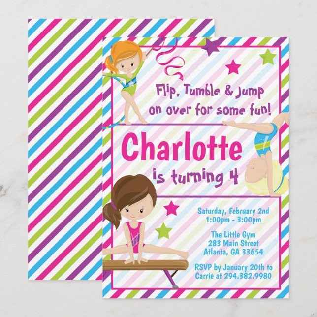 Gymnastics Birthday Invitations for Any Age (Front/Back)