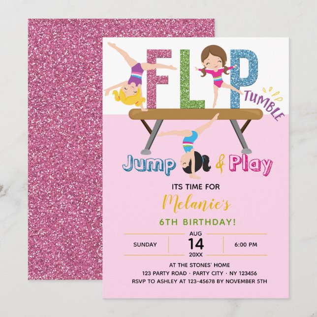 Gymnastics Birthday Invitations -Girl Pink Glitter (Front/Back)