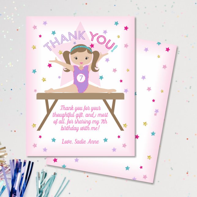 Gymnastics Birthday Party Brown Hair Thank You Card (Creator Uploaded)