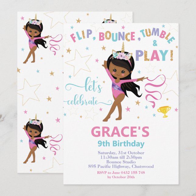 Gymnastics Birthday Party Brown Skin African Invitation (Front/Back)
