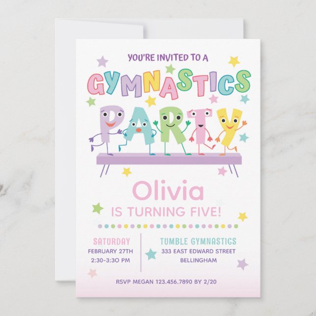 Gymnastics Birthday Party for Girl Invitation (Front)