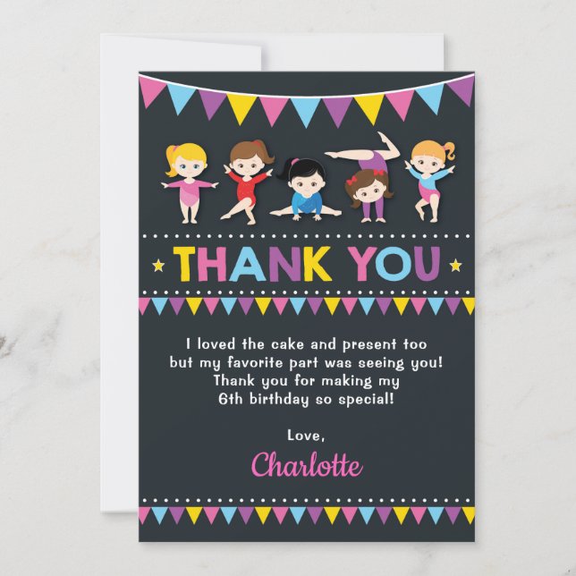 Gymnastics Birthday Party Girly Pink Gym Thank You Card (Front)