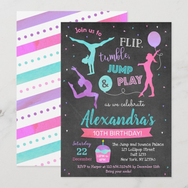 Gymnastics Birthday Party Invitation for Girl  (Front/Back)