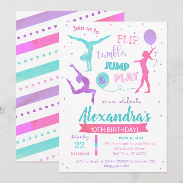 Gymnastics Birthday Party Invitation for Girl  (Front/Back)