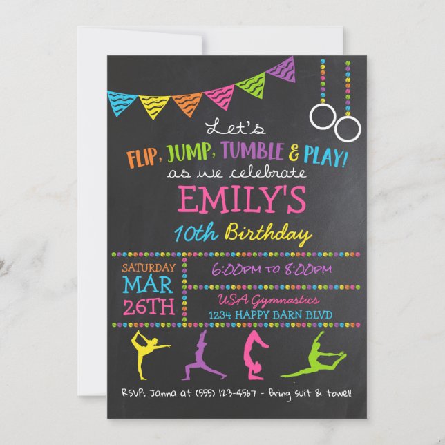 Gymnastics Birthday Party Invitations Gymnast Flip (Front)