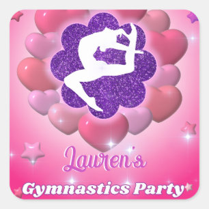 Gymnastics Birthday Party Pink Purple Heart Star Square Sticker