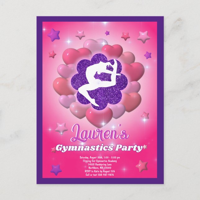 Gymnastics Birthday Party Pink Purple Invitation (Front)
