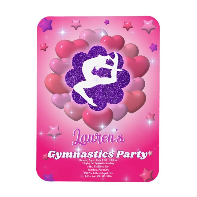 Gymnastics Birthday Party Pink Purple Invitation Magnet (Vertical)