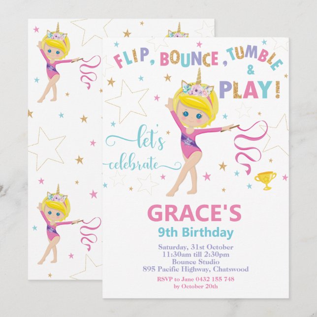 Gymnastics Birthday Party Short Blond Hair Girl Invitation (Front/Back)