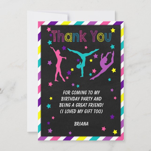 Gymnastics Birthday Party Thank You Card (Front)