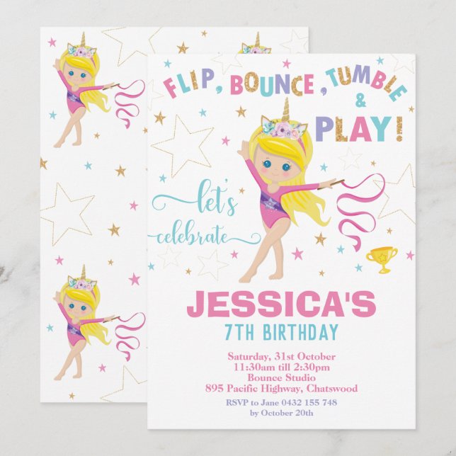 Gymnastics Birthday Party Unicorn Blonde Girl Invitation (Front/Back)