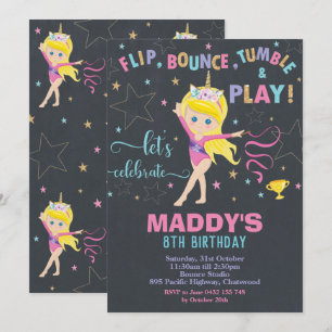 Gymnastics Birthday Party Unicorn Blonde Girl Invitation