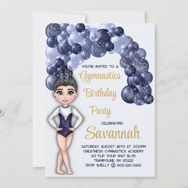 Gymnastics Birthday Party with Blue Balloon Arch Invitation (Front)
