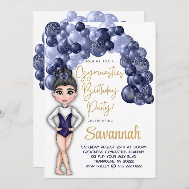 Gymnastics Birthday Party with Blue Balloon Arch Invitation (Front/Back)