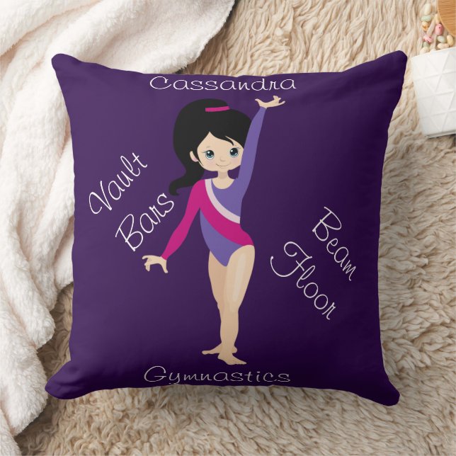 Gymnastics Black Hair, Blue Eyes, Purple Leotard   Cushion (Blanket)