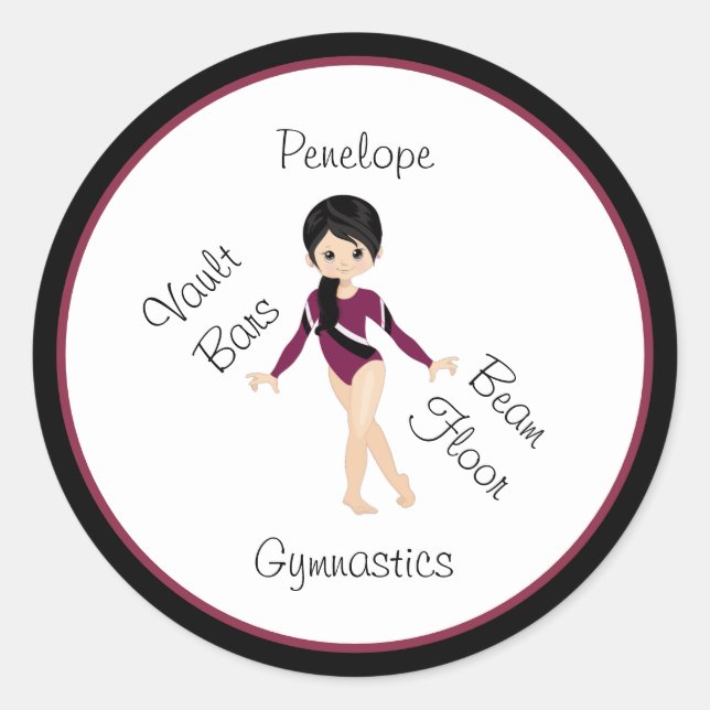 Gymnastics Black Hair, Brown Eyes, Burgundy Leo    Classic Round Sticker (Front)