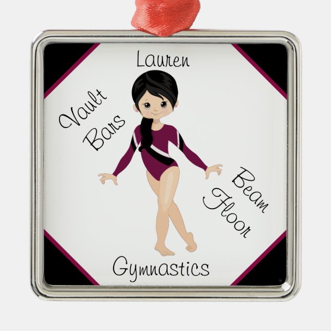 Gymnastics Black Hair, Brown Eyes, Burgundy Leo   Metal Tree Decoration (Front)