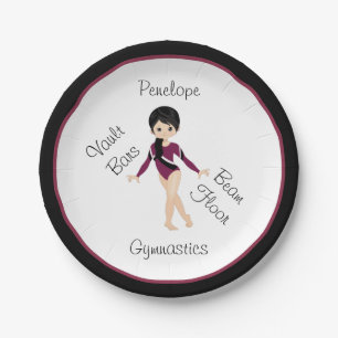 Gymnastics Black Hair, Brown Eyes, Burgundy Leo    Paper Plate