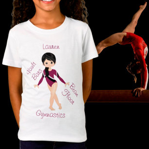 Gymnastics Black Hair, Brown Eyes, Burgundy Leo   T-Shirt