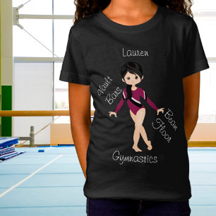Gymnastics Black Hair, Brown Eyes, Burgundy Leo T-Shirt