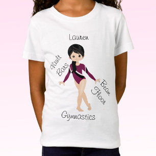 Gymnastics Black Hair, Brown Eyes, Burgundy Leo T-Shirt
