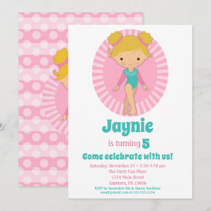 Gymnastics - Blonde Gymnast Pink Birthday Party Invitation