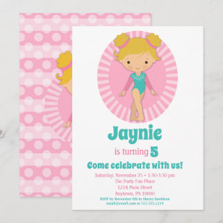 Gymnastics - Blonde Gymnast Pink Birthday Party Invitation