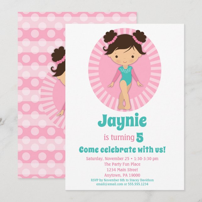 Gymnastics - Brunette Gymnast Pink Birthday Party Invitation (Front/Back)