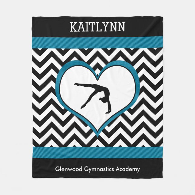 Gymnastics Chevron Heart with Monogram in Black Fleece Blanket (Front)