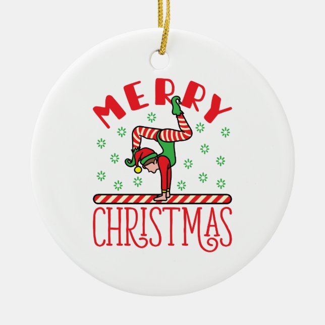 Gymnastics Christmas Elf on Beam Ceramic Tree Decoration (Front)