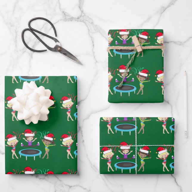 Gymnastics Christmas Gymnast Girls Cute Green Wrapping Paper Sheet (Front)