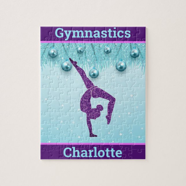 Gymnastics Christmas Purple Aqua Personalised   Jigsaw Puzzle (Vertical)