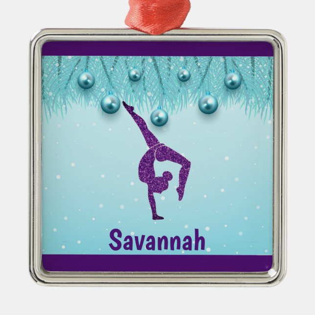 Gymnastics Christmas Purple Aqua Personalised    Metal Tree Decoration (Front)