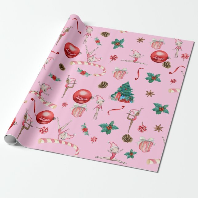 Gymnastics Christmas Wrapping Paper Add Your Name  (Unrolled)