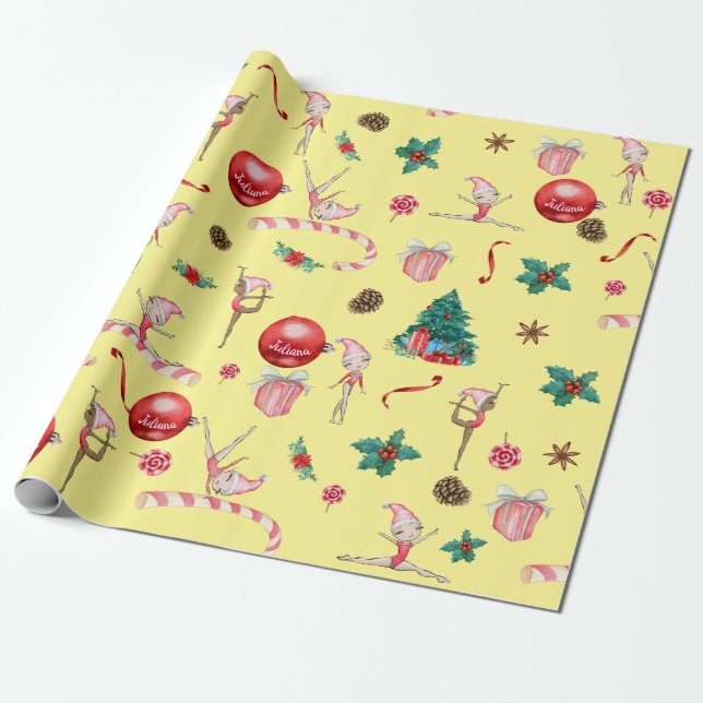 Gymnastics Christmas Wrapping Paper Custom Name  (Unrolled)