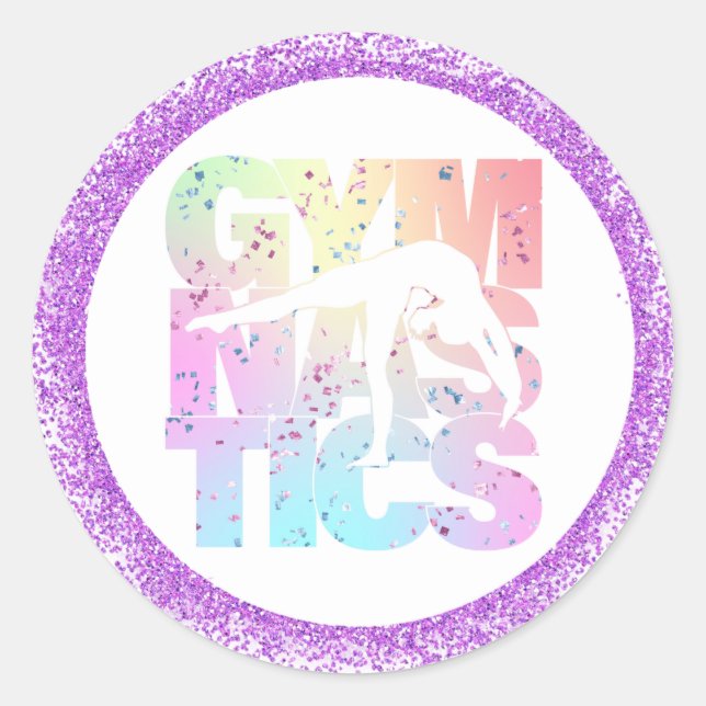 Gymnastics Confetti Letters with Purple Glitter  Classic Round Sticker (Front)