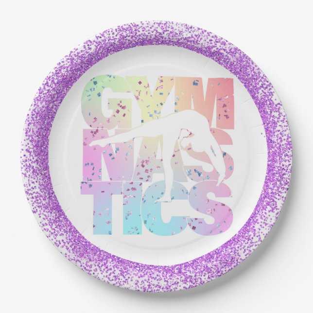 Gymnastics Confetti Letters with Purple Glitter Paper Plate (Front)