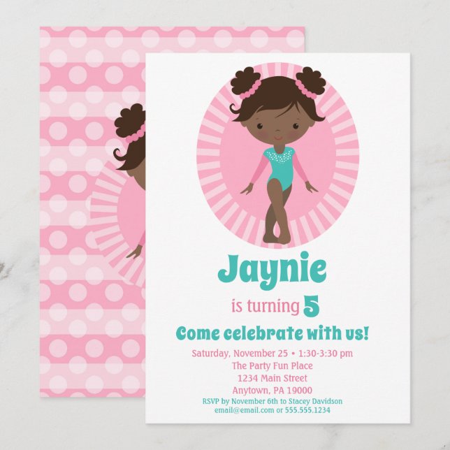 Gymnastics - Cute African American Birthday Party Invitation (Front/Back)